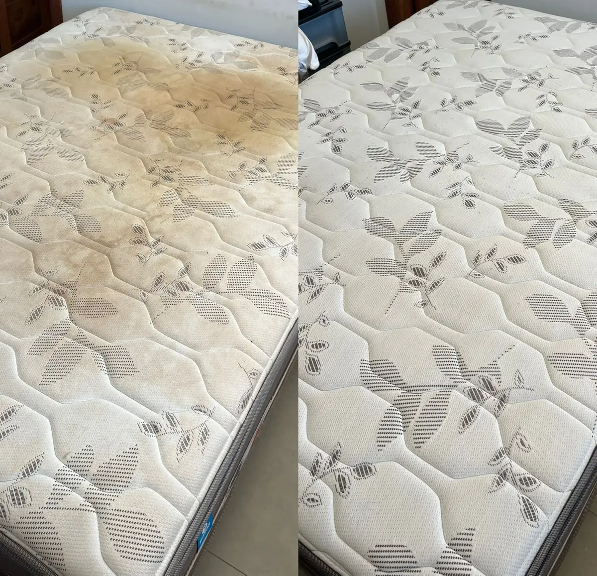 Colchão com manchas amarelas antes e depois da higienização profunda ZClean