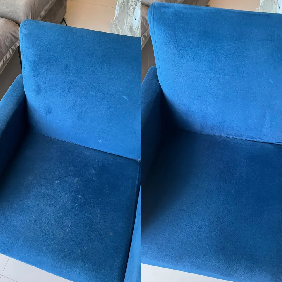 Poltrona azul antes e depois da higienização profunda ZClean