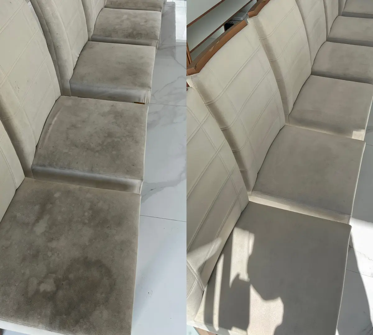Seis cadeiras de jantar antes e depois da higienização ZClean