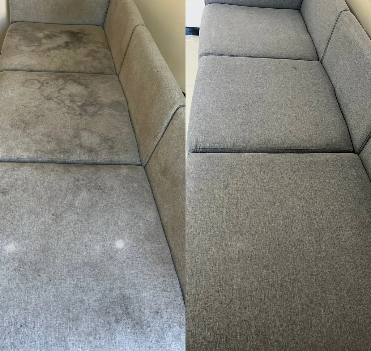 Sofá modular cinzento antes e depois da higienização profunda ZClean